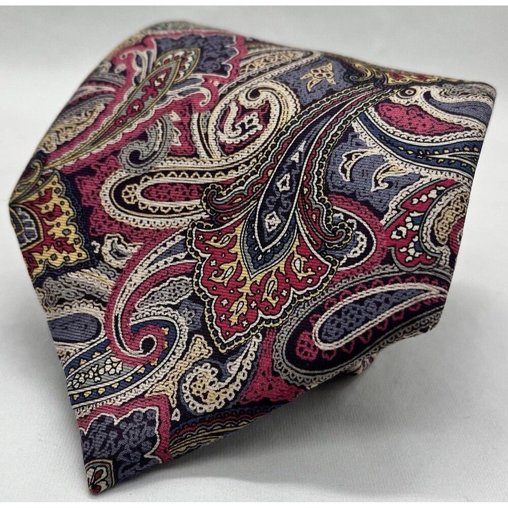 Barbara Blank New York Silk Mens Necktie Tall Man Paisley Red Blue Tan EUC